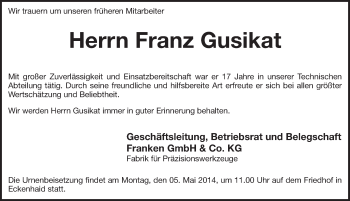 Traueranzeige von Franz Gusikat von Pegnitz-Zeitung